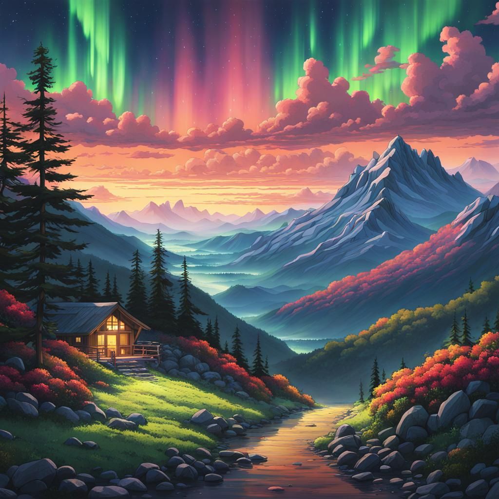 splendid view of mountains and the northern lights in Ghibli style, Ghibli style, octane rendering, perfection in detail...