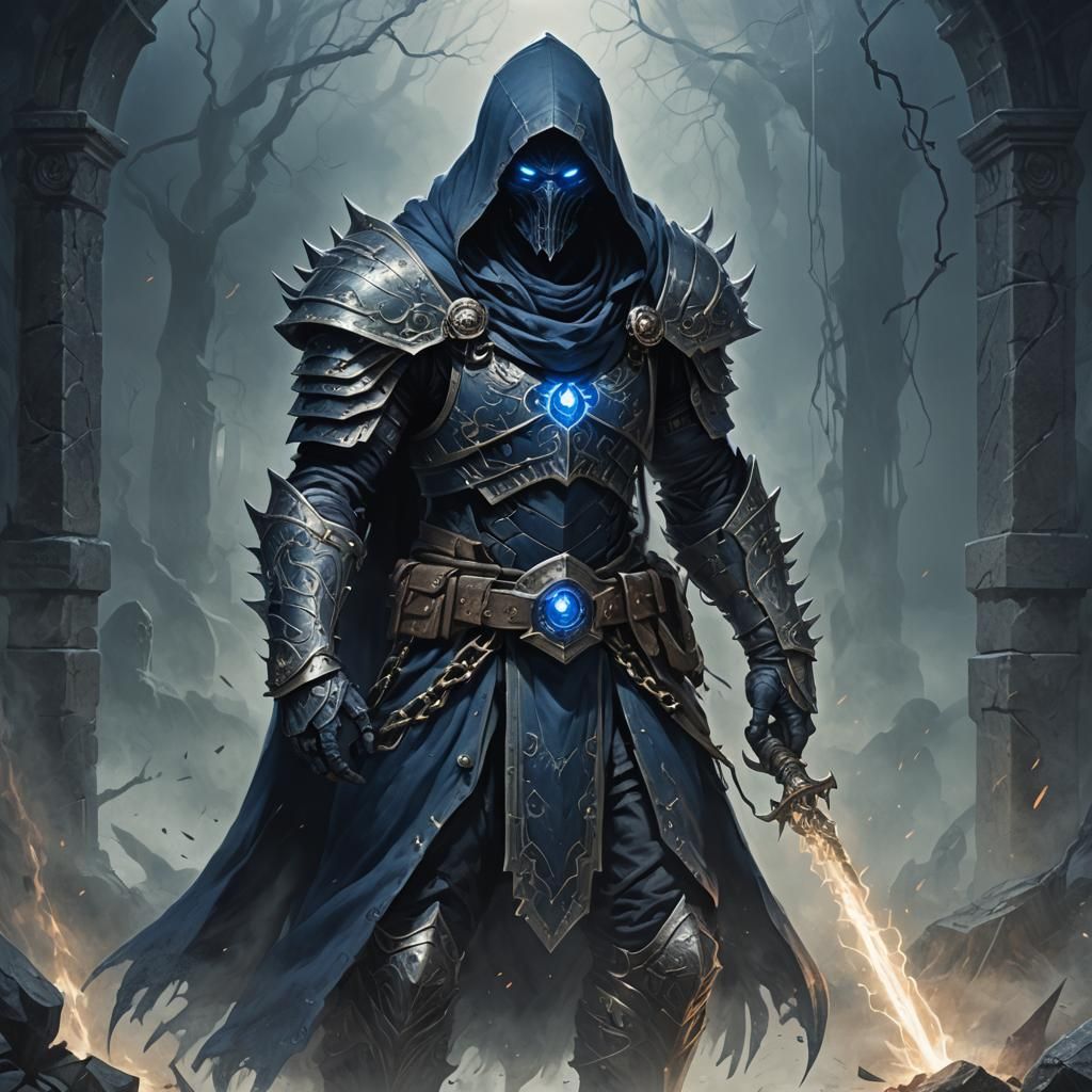 Menacing Ancient Hooded Figure with Glowing Eyes