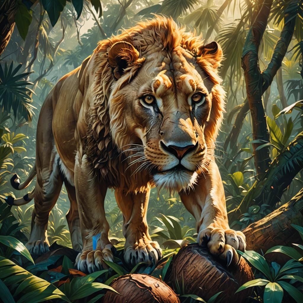 Fierce Lioness with Coconut in Mystical Jungle