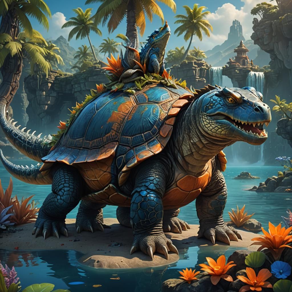 Turtle-Crocodile Hybrid Creature on Island, Detailed Matte P...