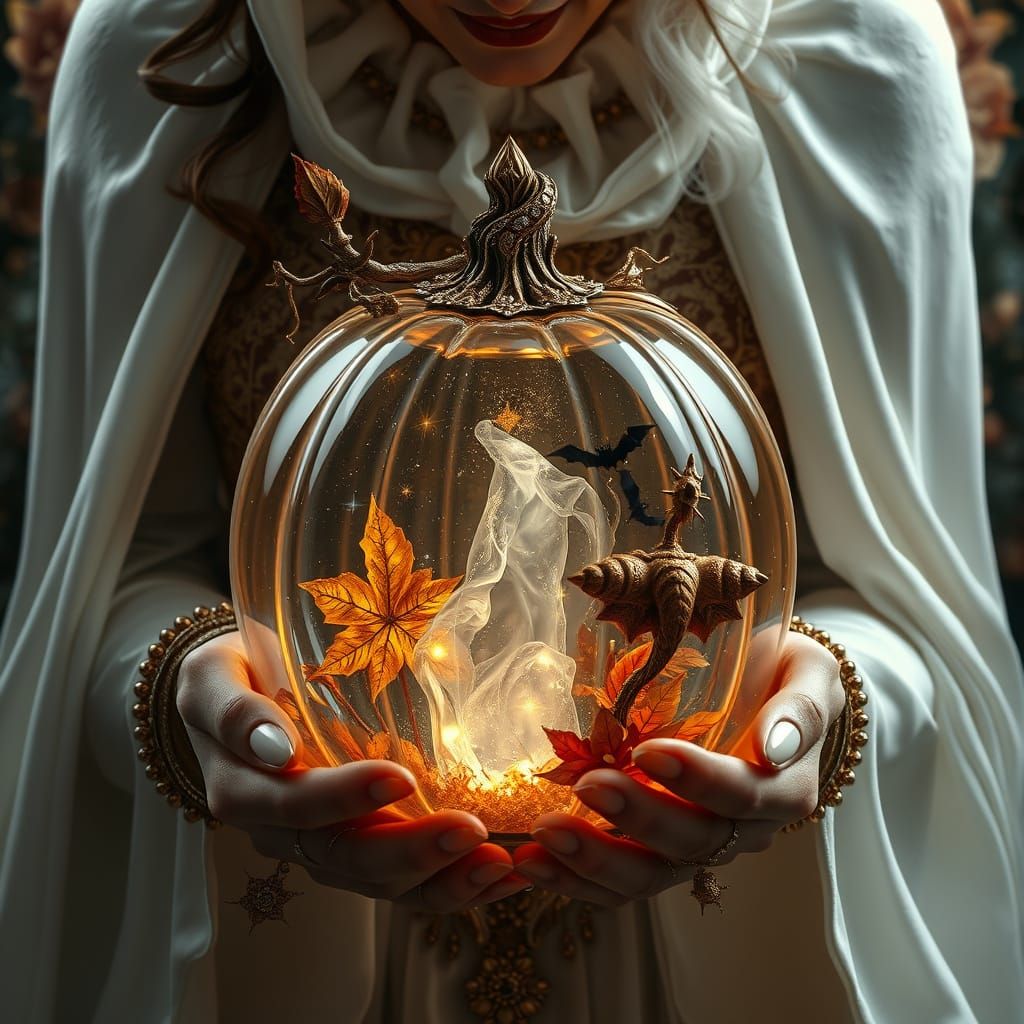 Gothic Witch Cradles Glass Pumpkin with Autumn Accents