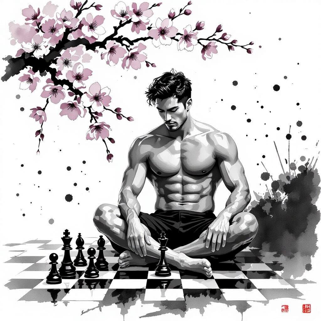 Minimalist Sumi-e Chess Game Under Sakura Bloom