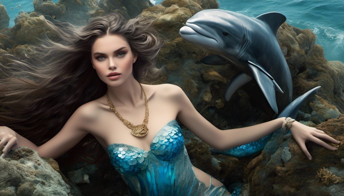 Hyperrealistic Mermaid with Dolphins on Sunny Beach