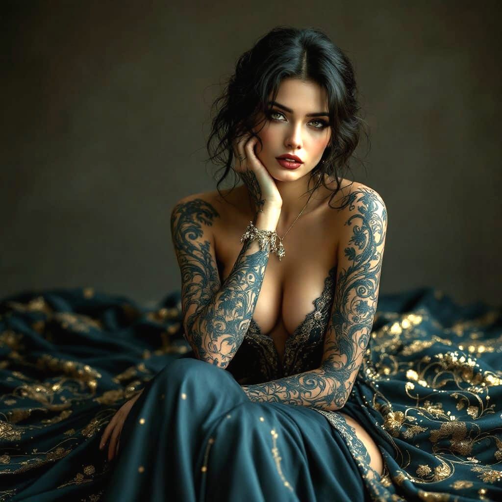 Elegant Fantasy Queen with Intricate Tattoos and Ornate Dres...