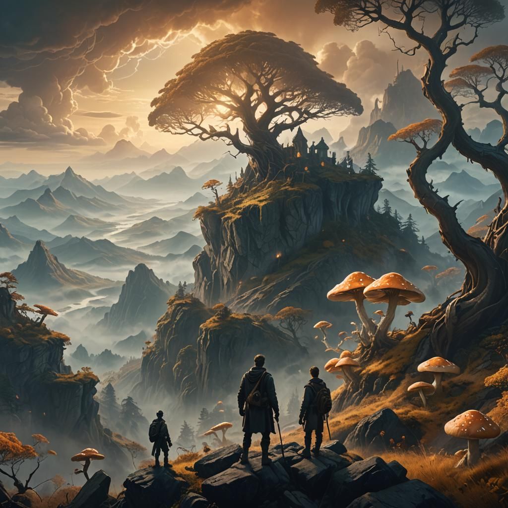 Heroic Figure Gazing Over Fantasy Landscape