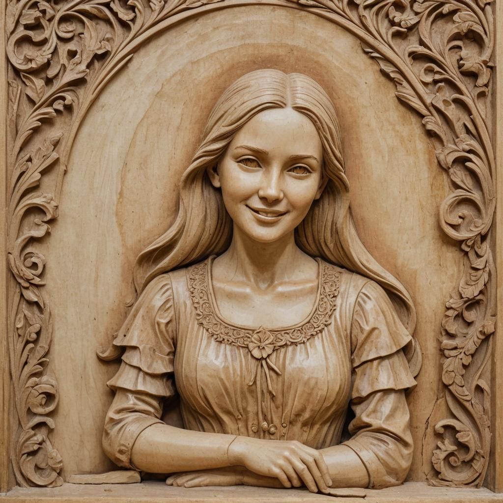 Medieval Carver Delighted by Girl's Face Wood Carving