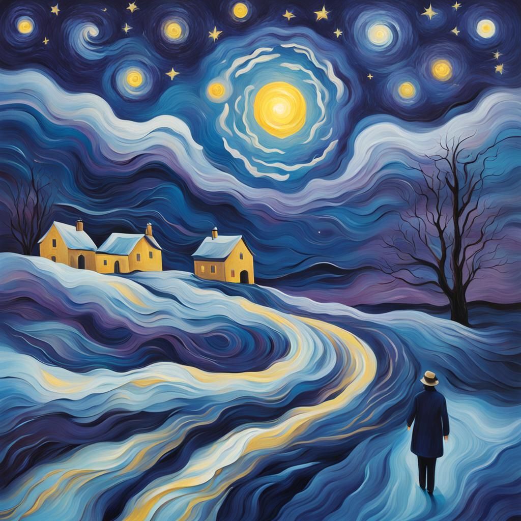 Winter Starry Night Scene in Post-Impressionist Style