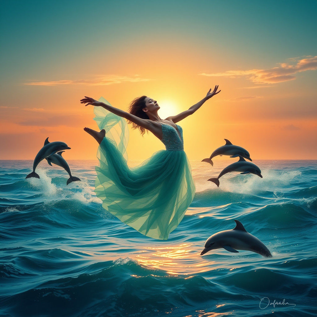 Woman Leaping Over Dolphins at Sunset: Fantasy Art