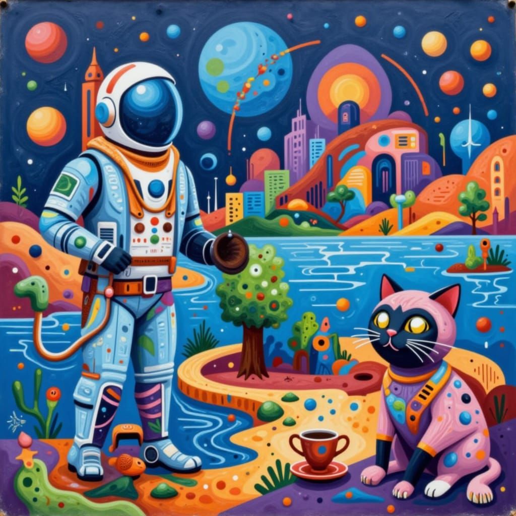 Spaceman Enjoys Coffee With Cat Companion