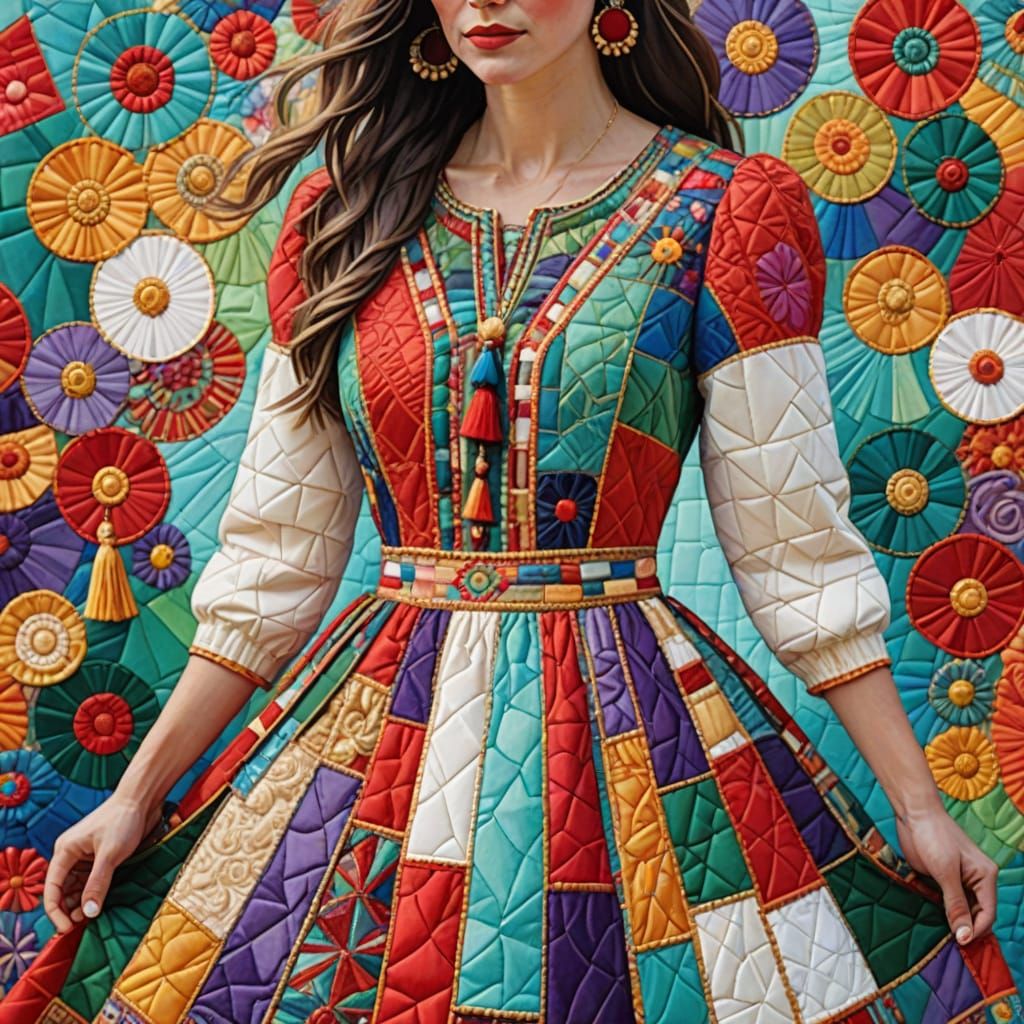 Woman in a Whimsical Patchwork Dress with Golden Threads and...