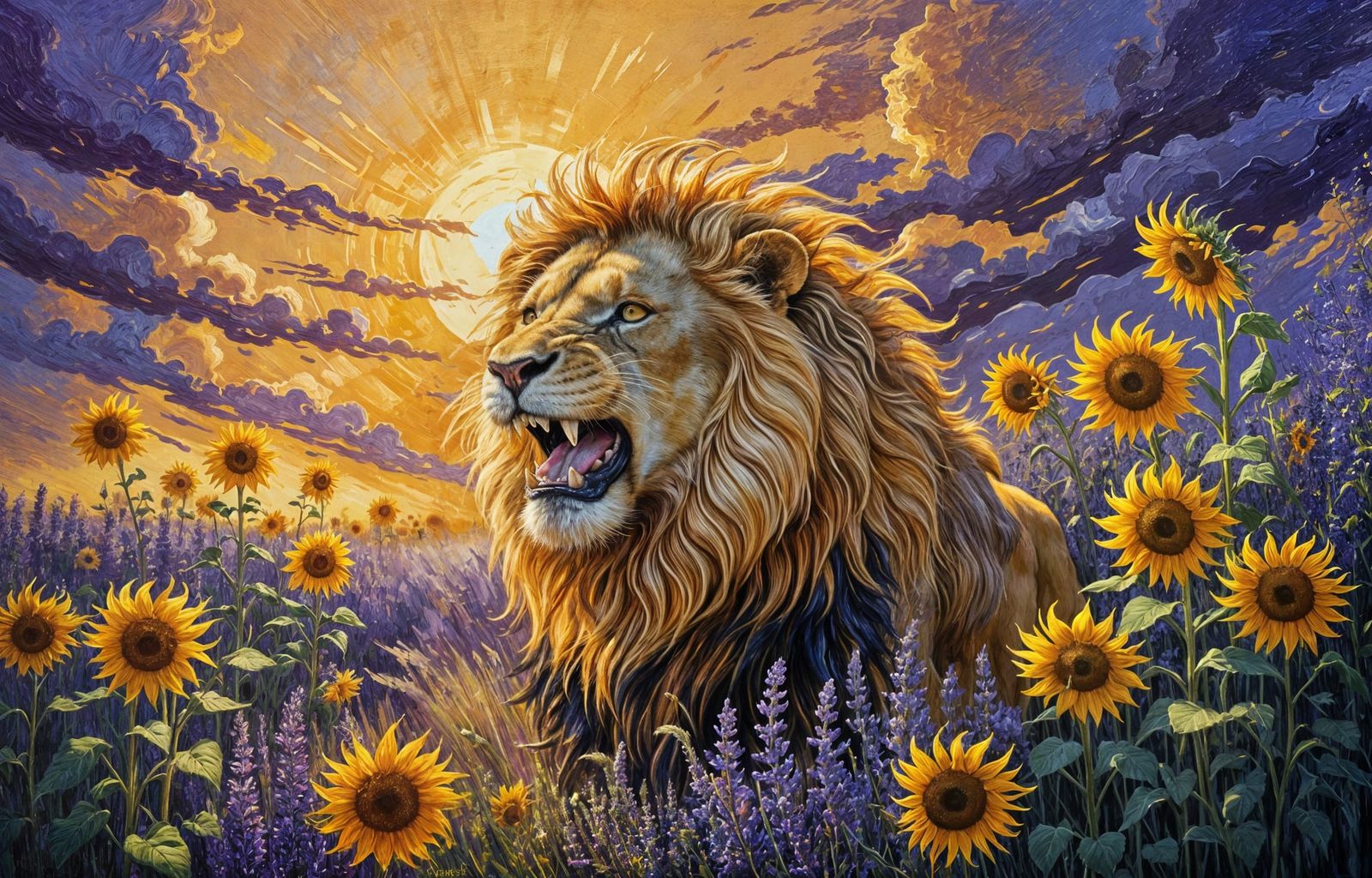 Sunflower Lion Roaring in Lavender Field as Van Gogh Paintin...