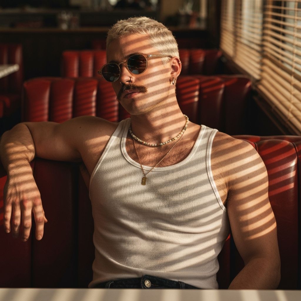 Man Relaxing in Retro Diner Booth Sunlight and Shadows