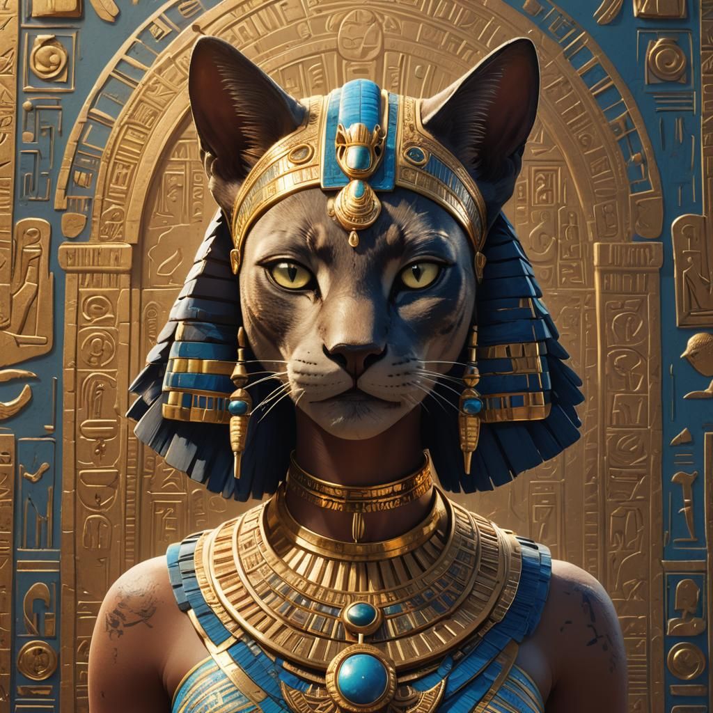 Egyptian Goddess Bastet Portrait with Golden Hieroglyphics