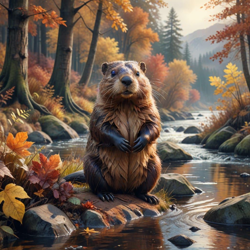 Detailed Watercolour Beaver in Autumn Forest