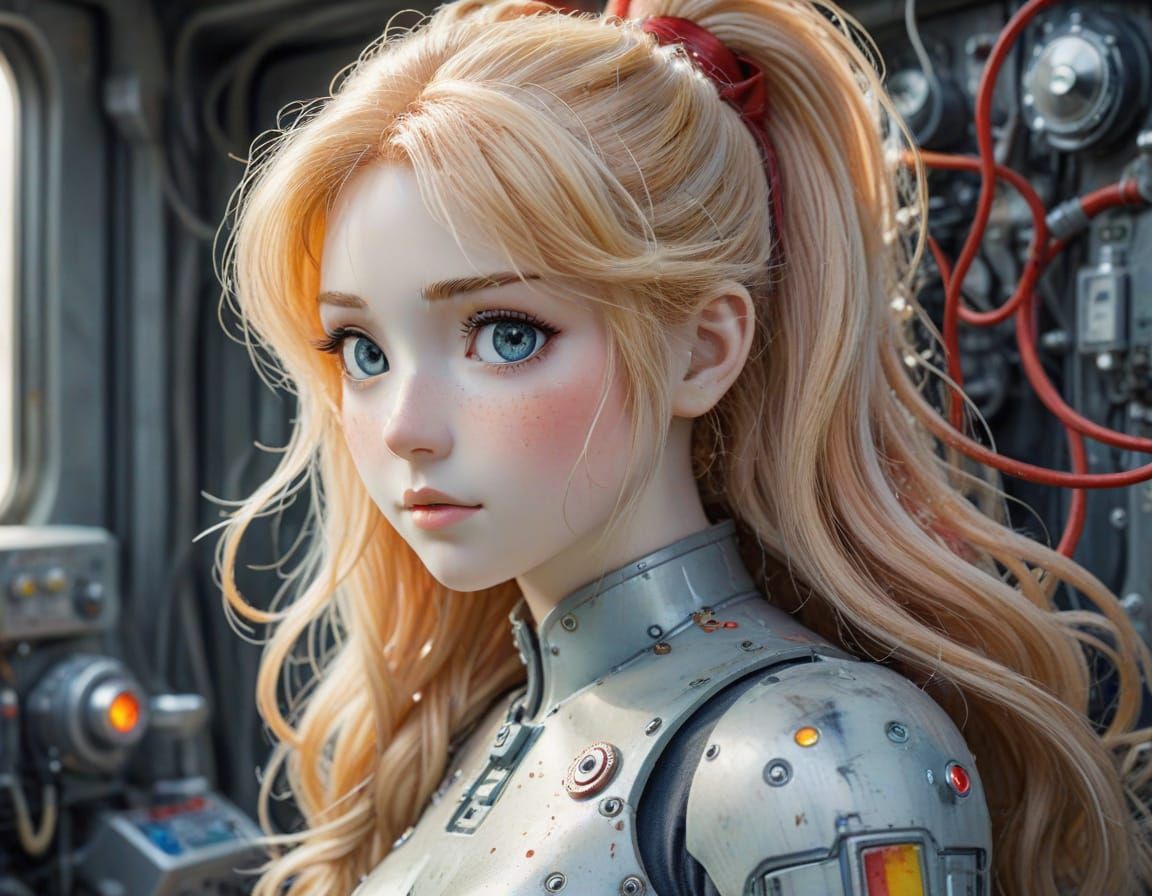 Whimsical Robot Girl in Watercolor Manga Style