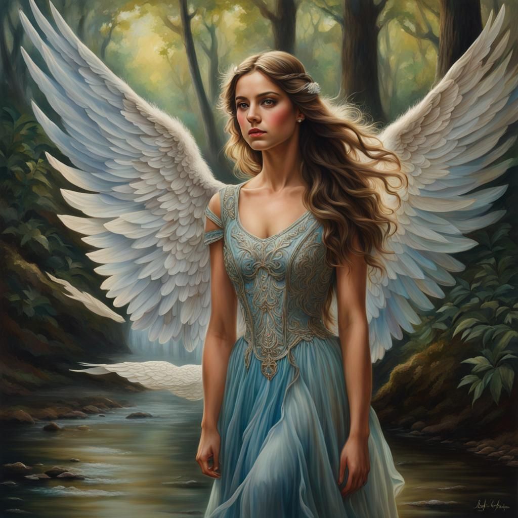 Forest Angel with Dark Eyes in Watercolor Style