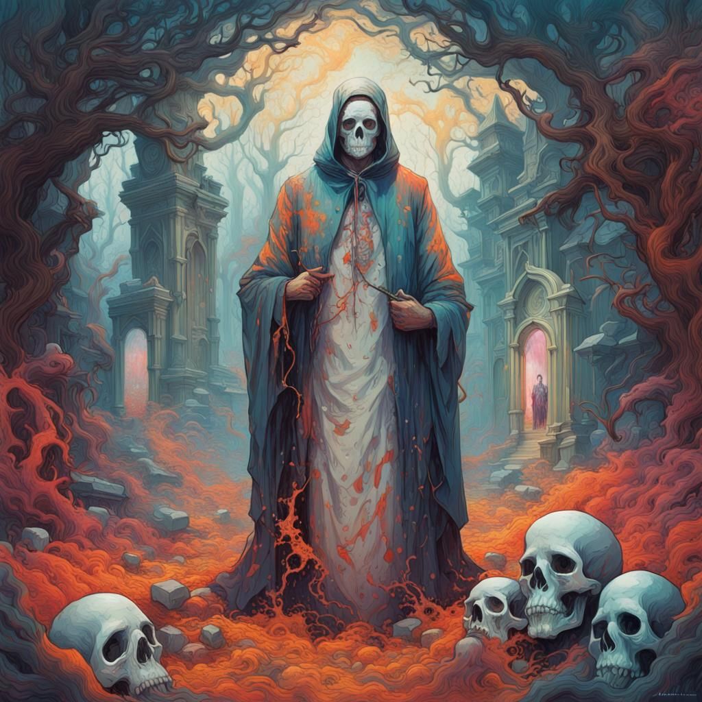 Ghostly Villain in Mystical Graveyard: Digital Illustration