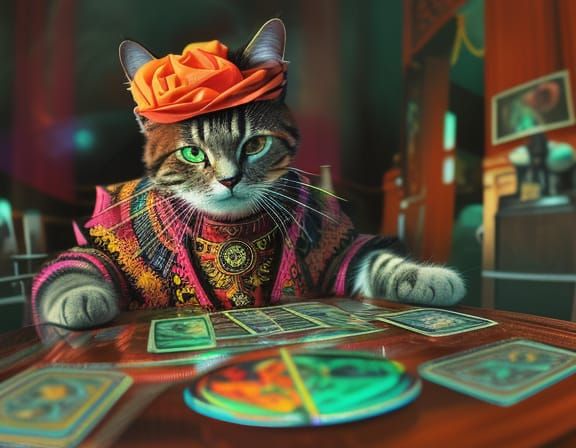 Hypnotic Cat Reads Tarot in Old Mexico with Glitch Effects