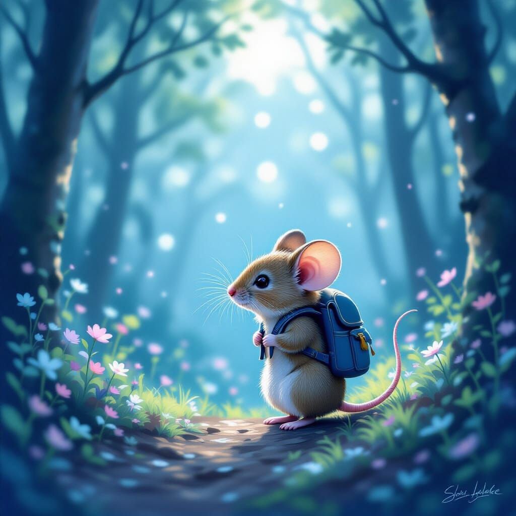 Mouse in Enchanted Forest, Impressionistic Painting