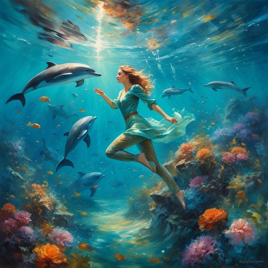 Dolphins in Aqua Ocean: Holographic Cosmic Illustration