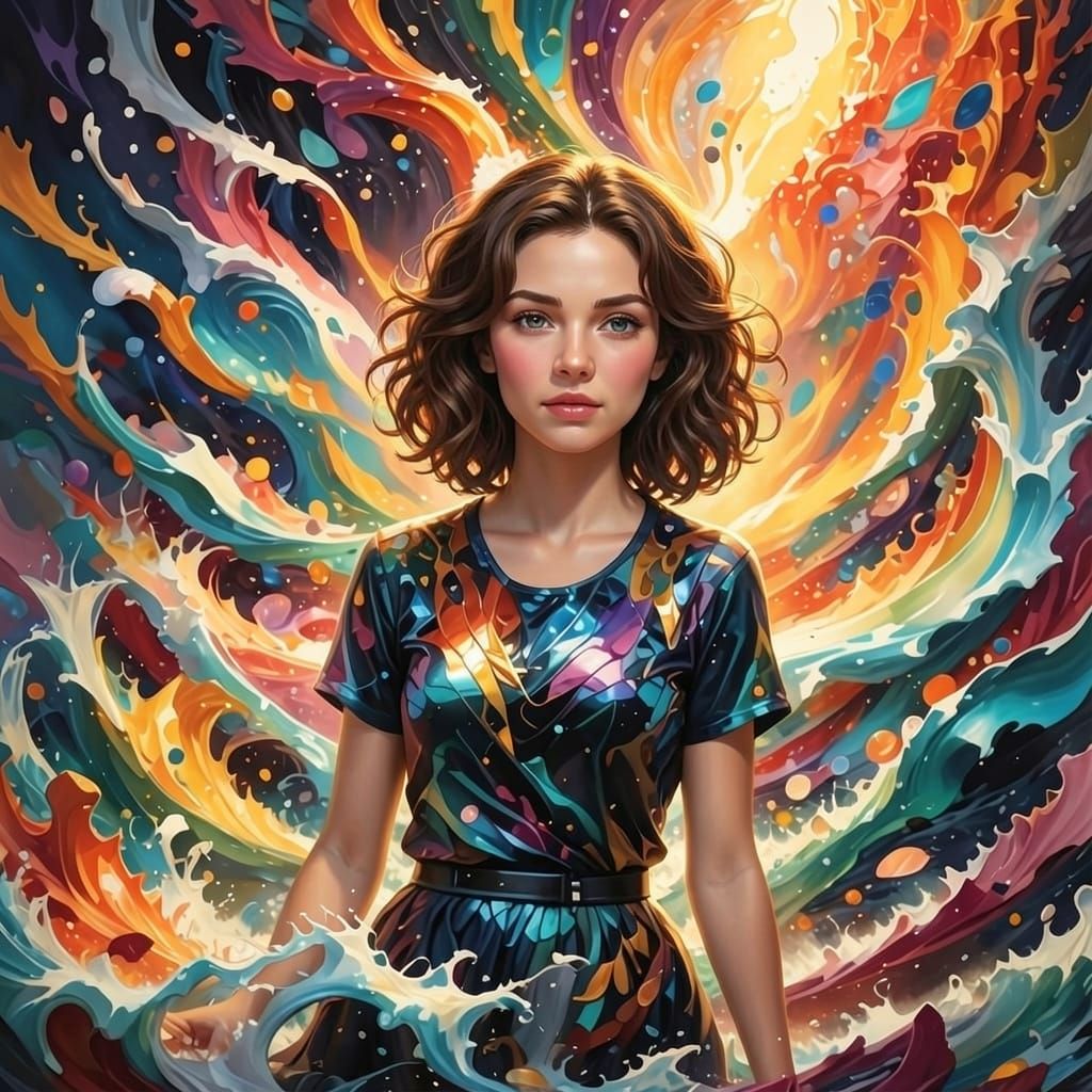 Woman Surrounded by Scales in Splash Art Style