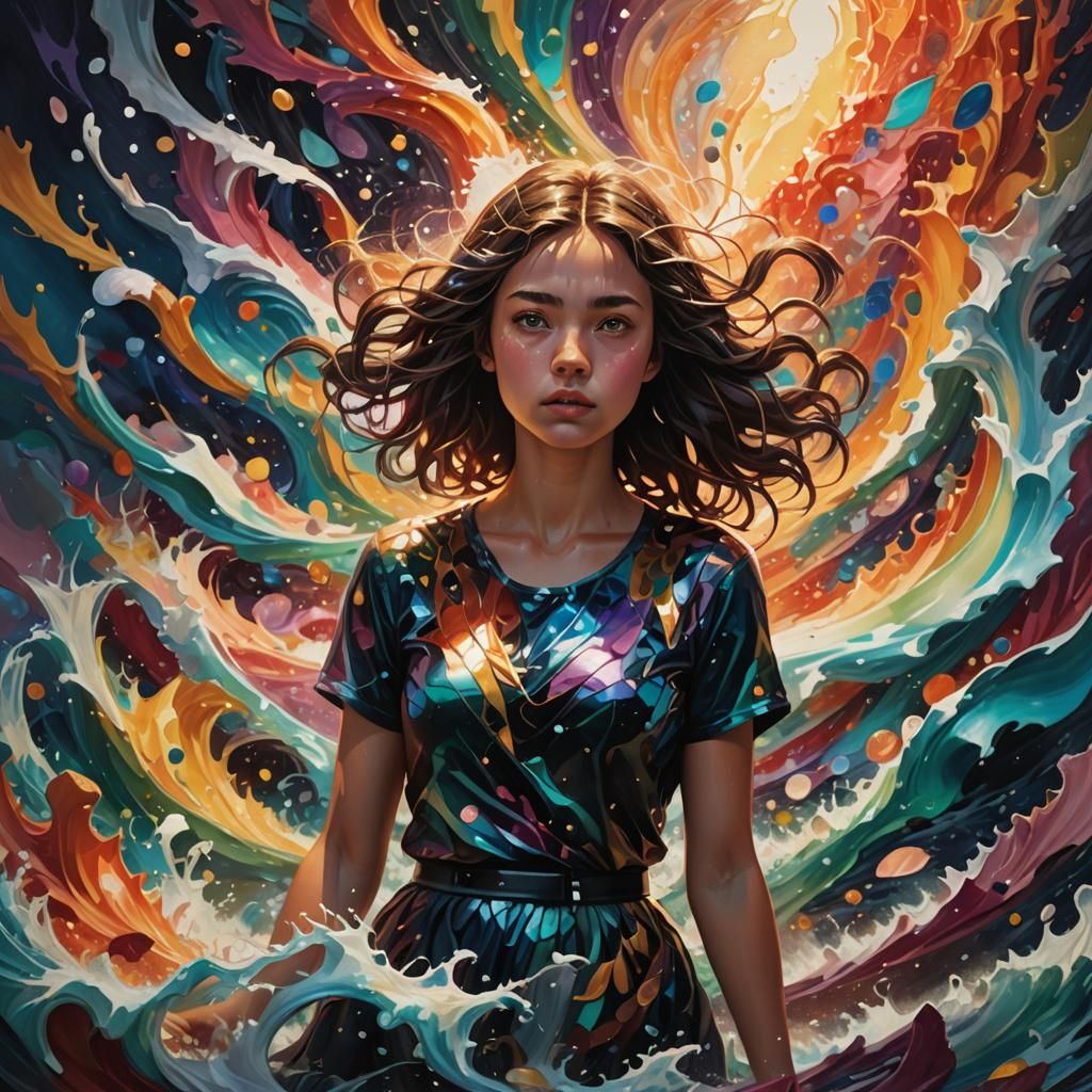 Woman Surrounded by Scales in Splash Art Style