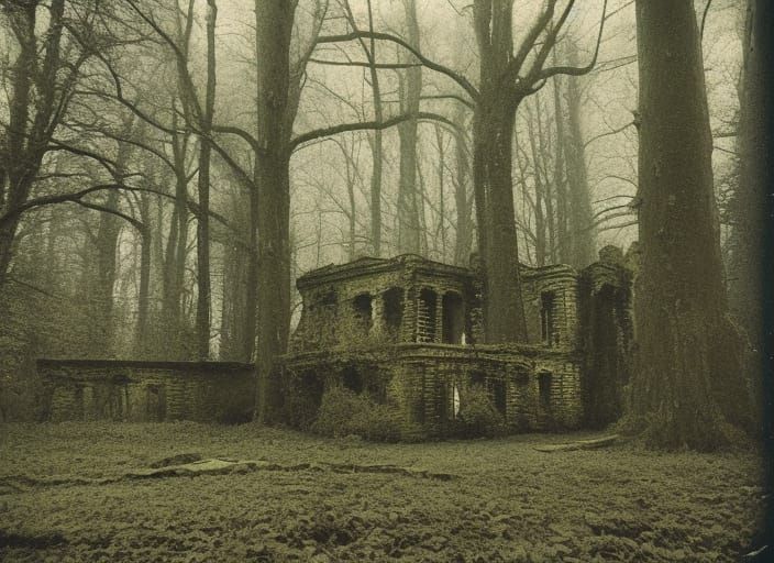 Decaying Manor Ruins in Forest: Expired Film