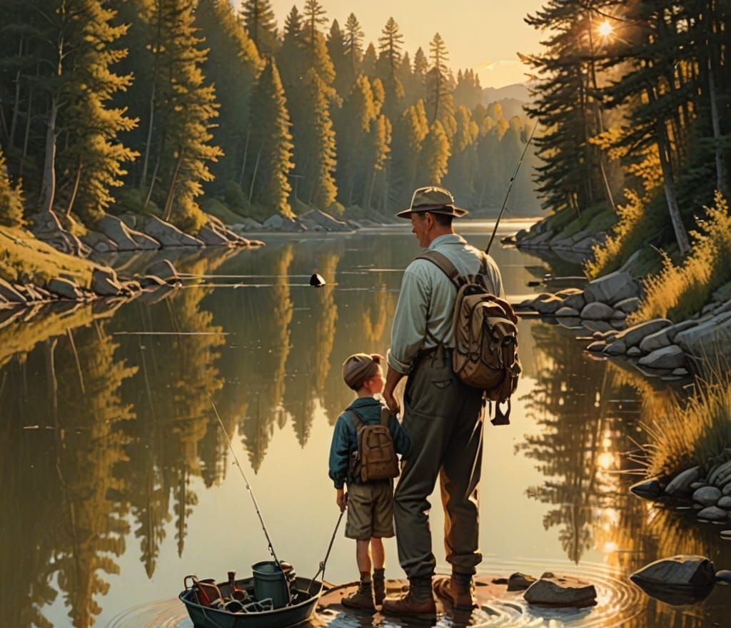 Father and Son Fishing: 3D Rendered Americana