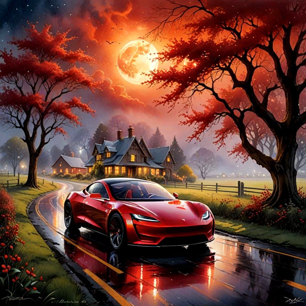 Ethereal Red Roadster Under Moonlight, Watercolor Style