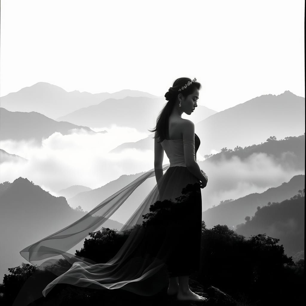 Vietnamese Landscape Double Exposure in Black and White