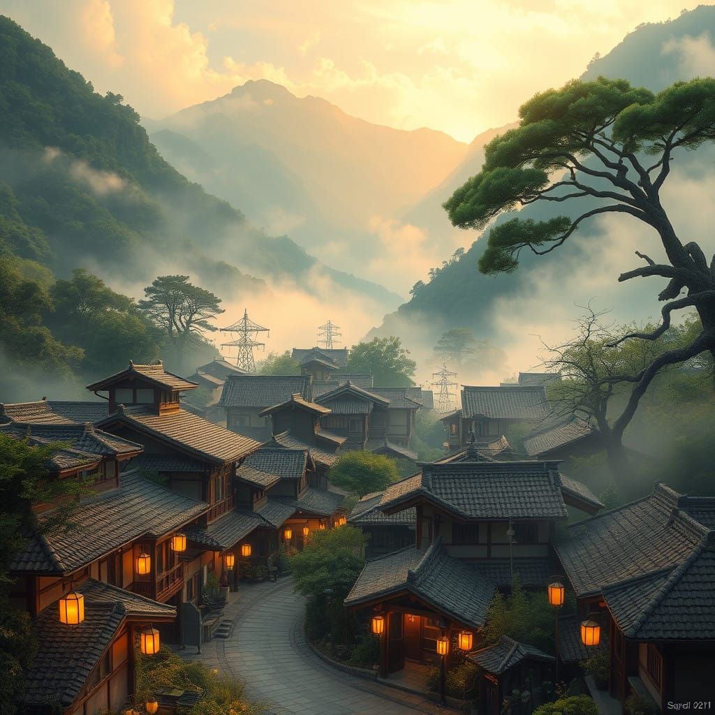 Japanese Village in Golden Mist