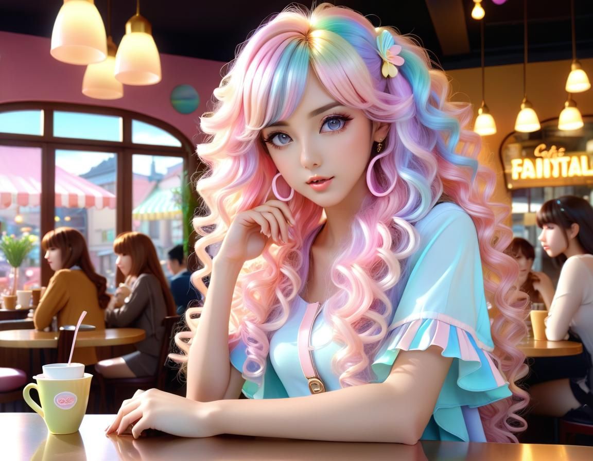 Pastel Anime: Woman in Cafe, 3D Digital Art