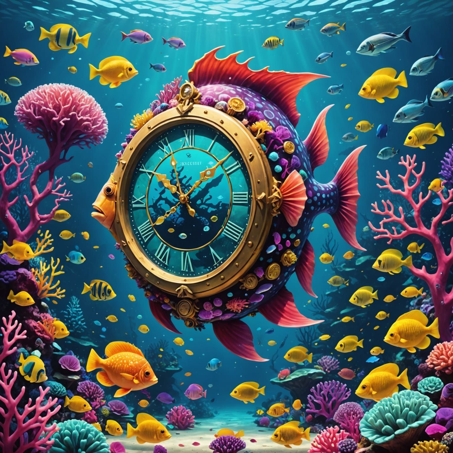 Surreal Underwater Kingdom with Melting Clockfish and Geomet...