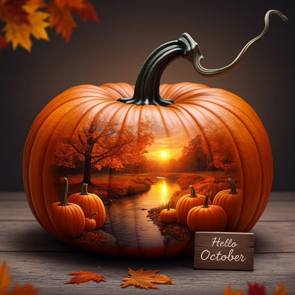 a highly detailed, realistic double exposure of a huge pumpkin. inside the pumpkin is an autumn landscape with pumpkins....