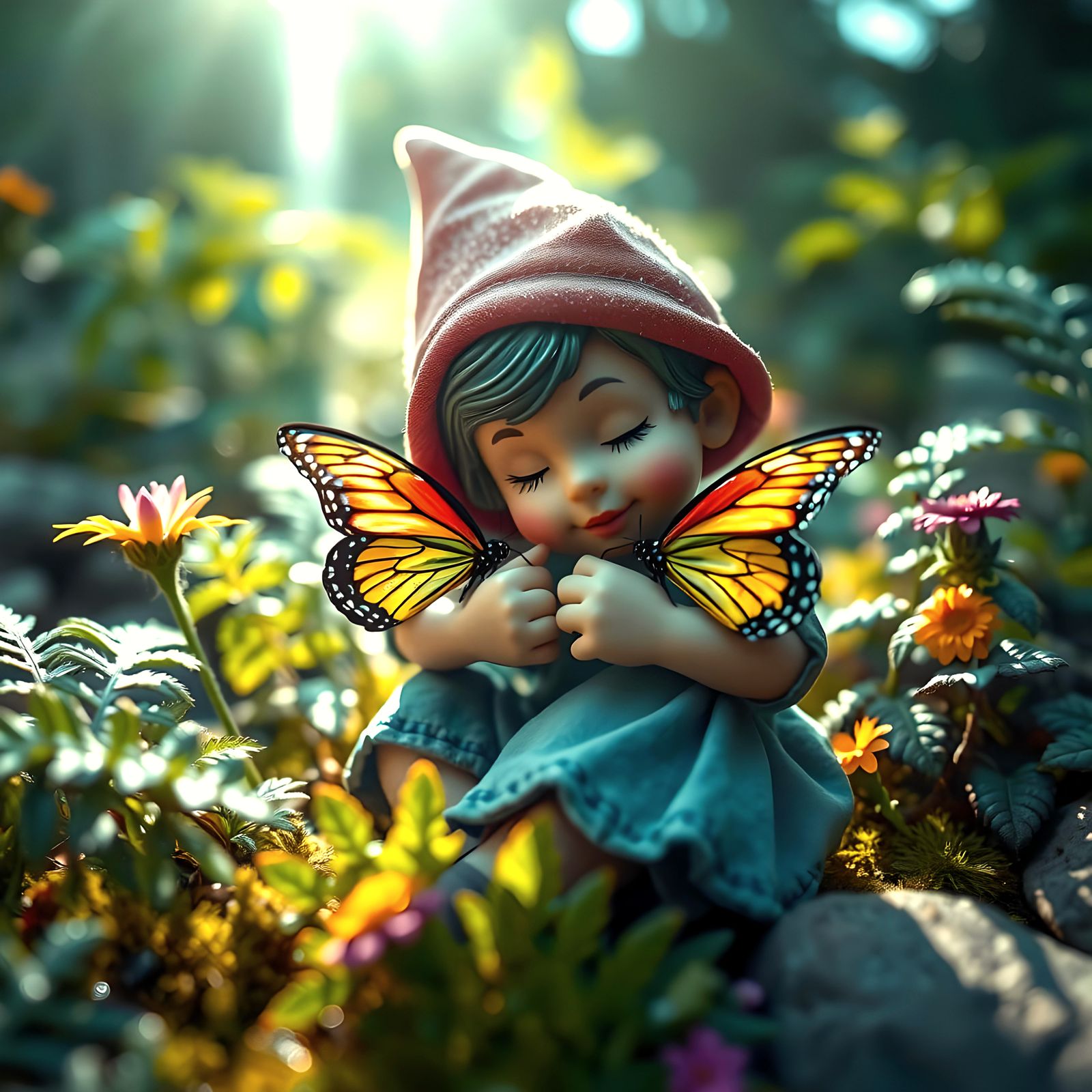 Ethereal Gnome Child and Butterfly in Forest