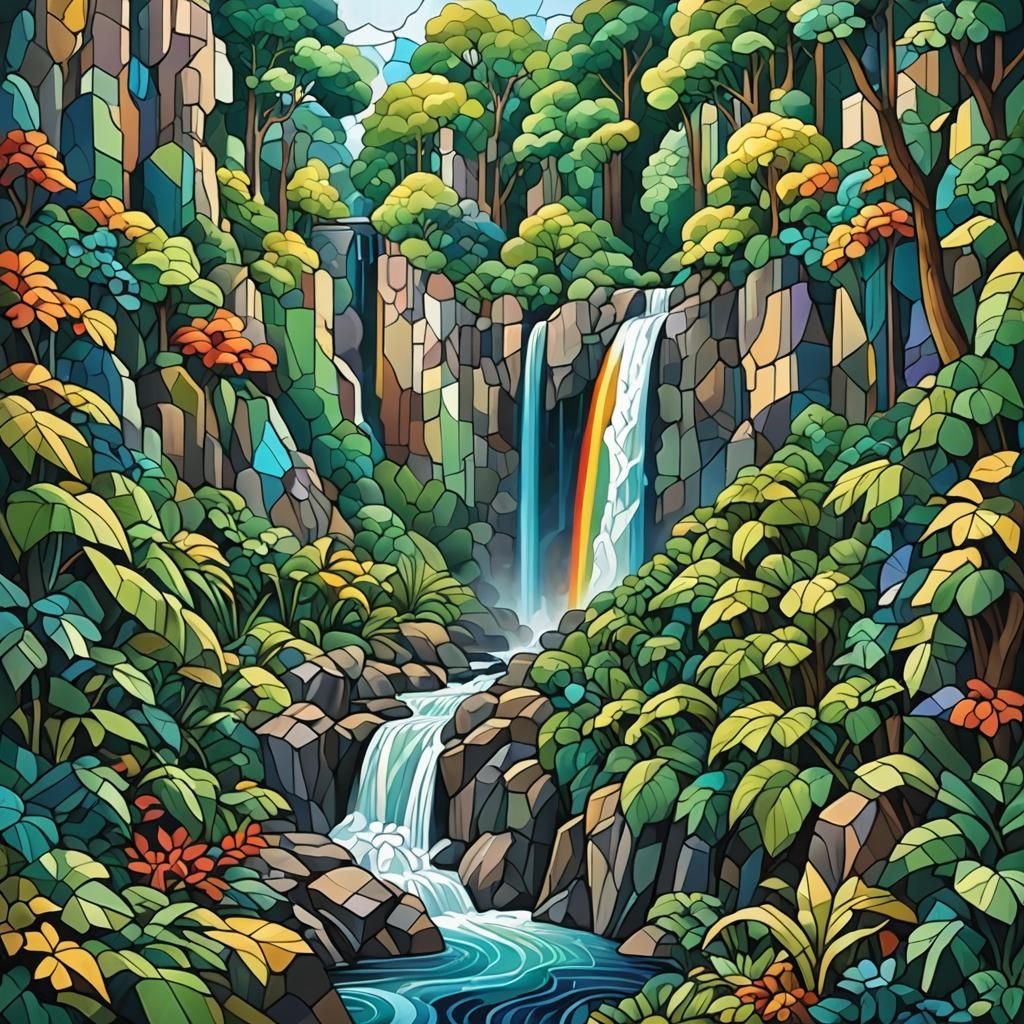 Rainbow Waterfall in Cubist Geometric Fauvism Style