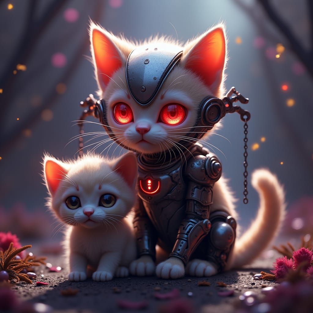 Cyborg Kitten Protecting Sister in Art Nouveau Style