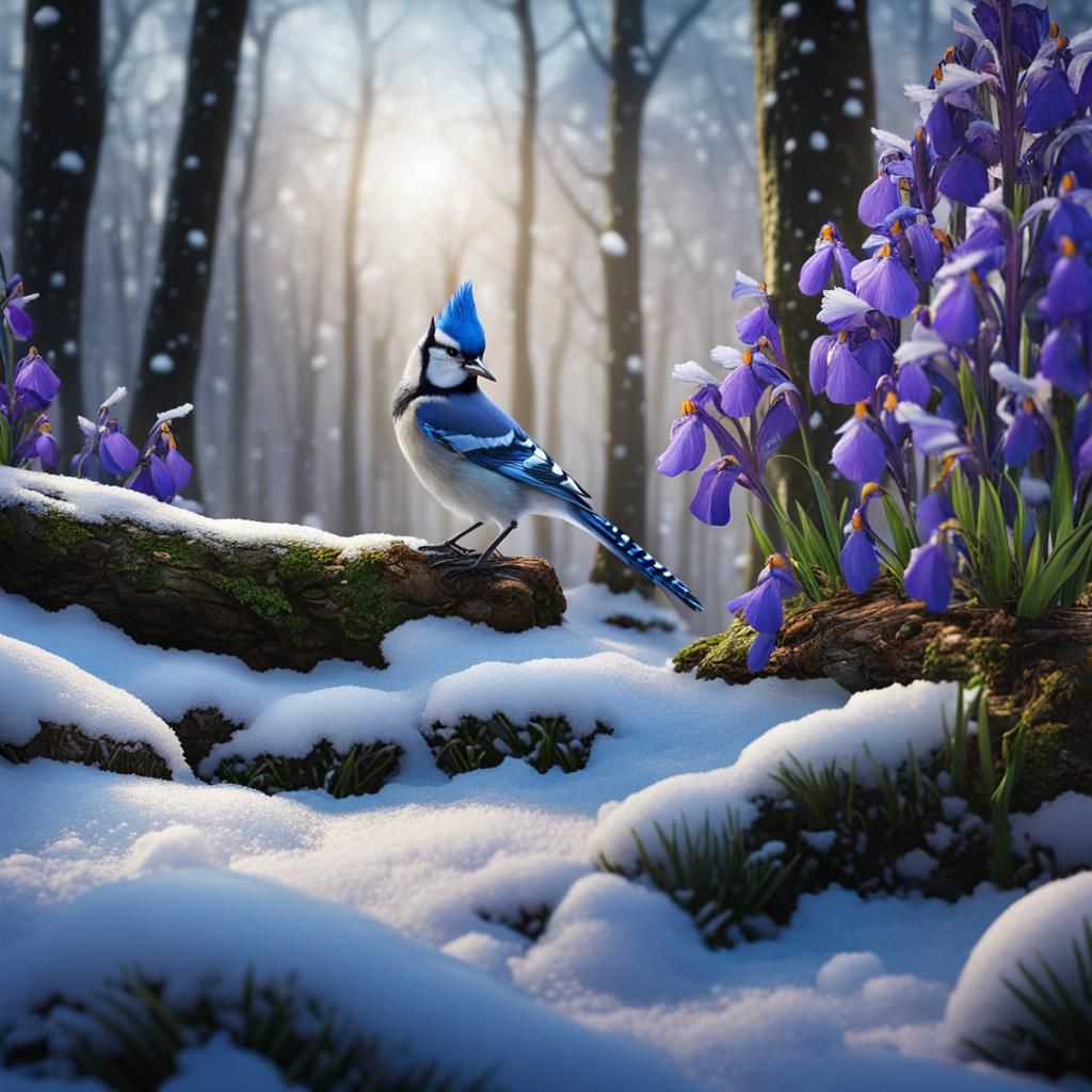 Blue Jay in Winter Forest with Purple Irises