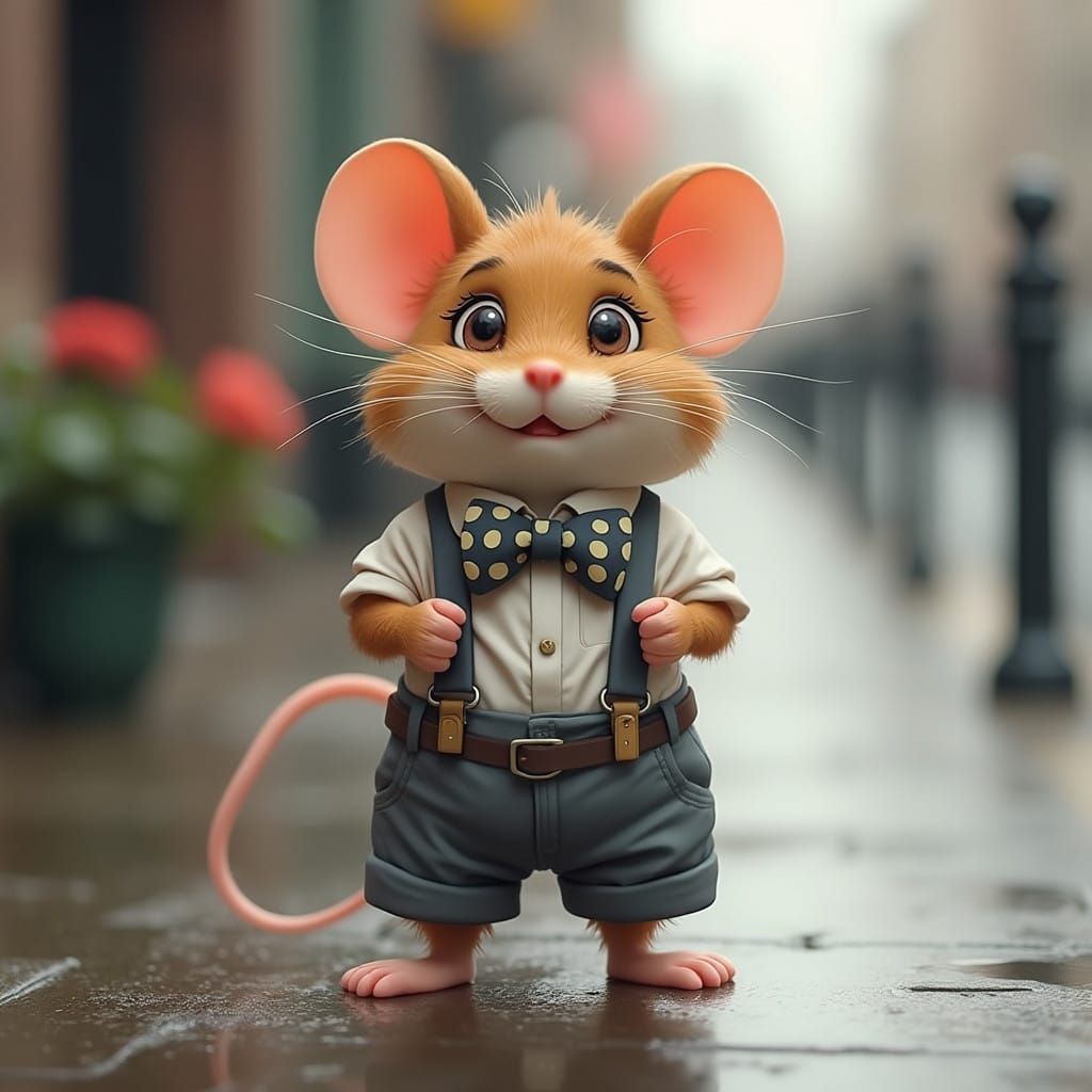 Cute Mouse in Gray Vest and Bow Tie Stands on Hind Legs