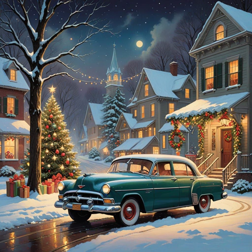 Classic Car Under Whimsical Christmas Tree with Festive Garl...
