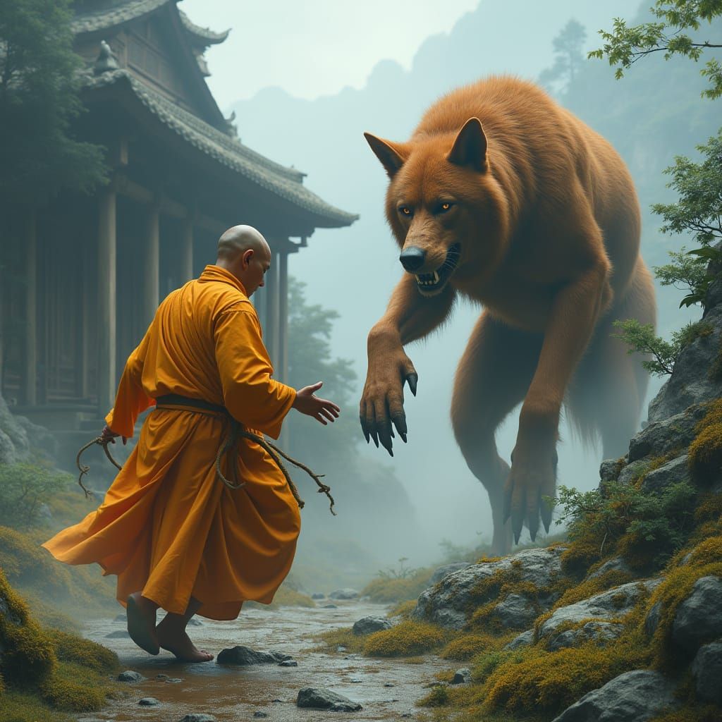 Monk Battles Werewolf in Hyperrealistic Mountain Temple