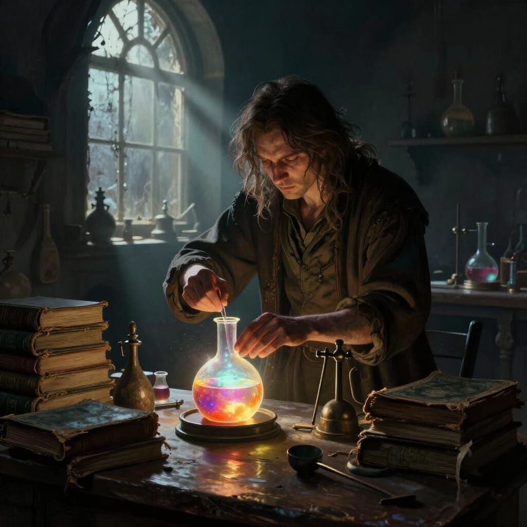 Alchemist Grinding Glowing Reagents in Moody Fantasy Art Sty...