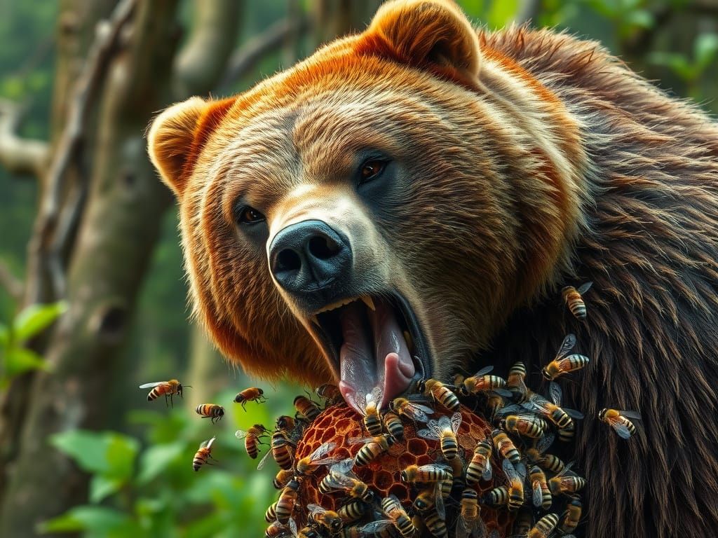 Furious Brown Bear Probes Ruptured Beehive in Hyperrealistic...