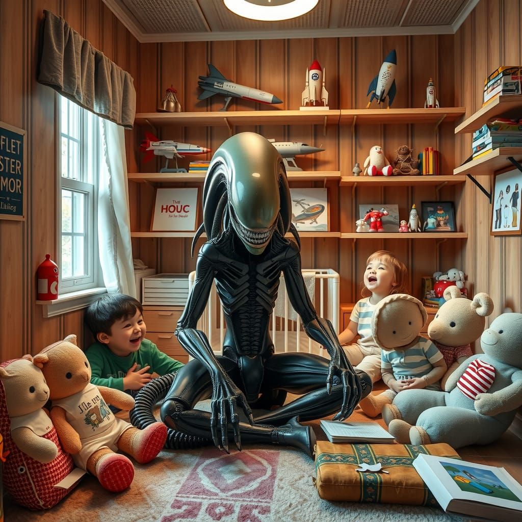 Xenomorph Among Children in Dreamlike Nursery