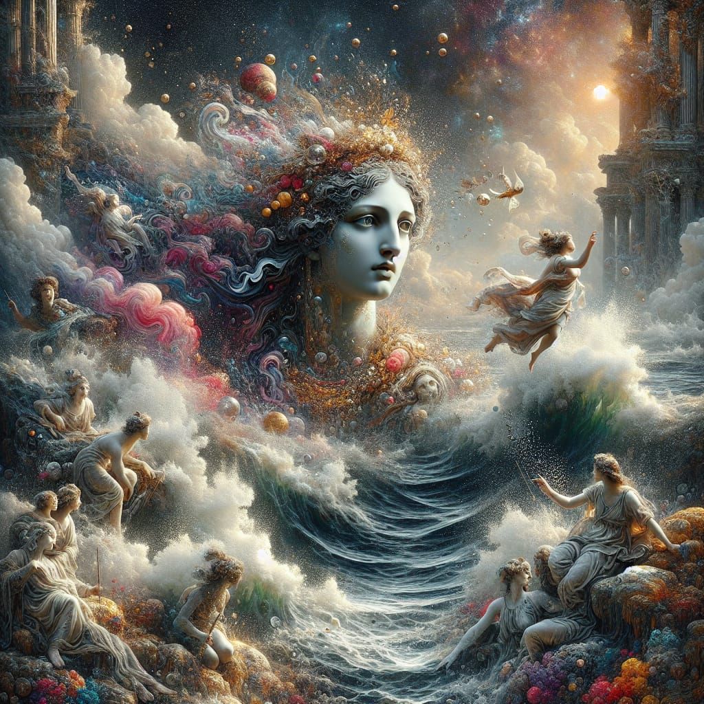 Botticelli-Inspired Woman Emerges from Ocean in Digital Art