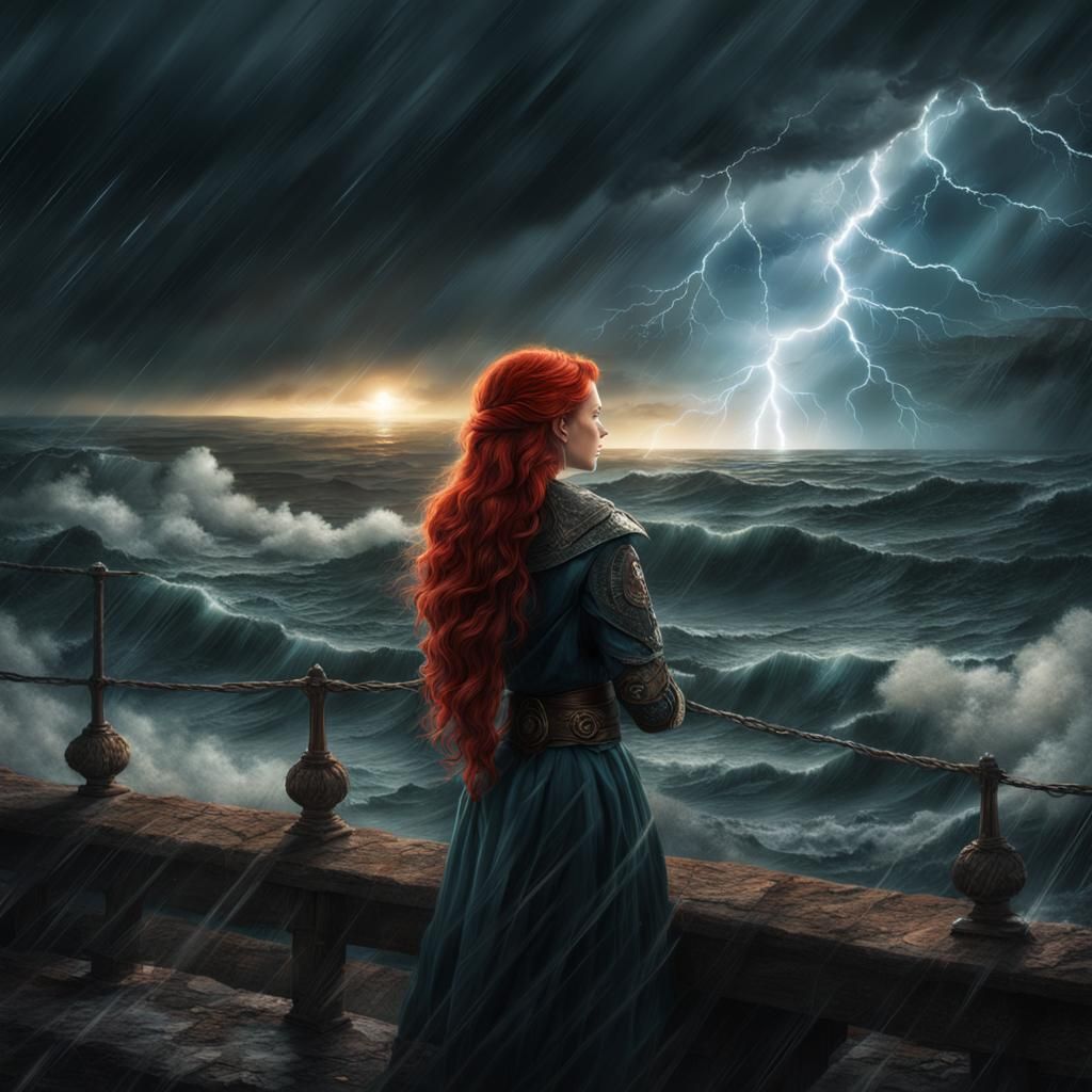 Redhead Princess in Stormy Seas: Digital Matte Painting
