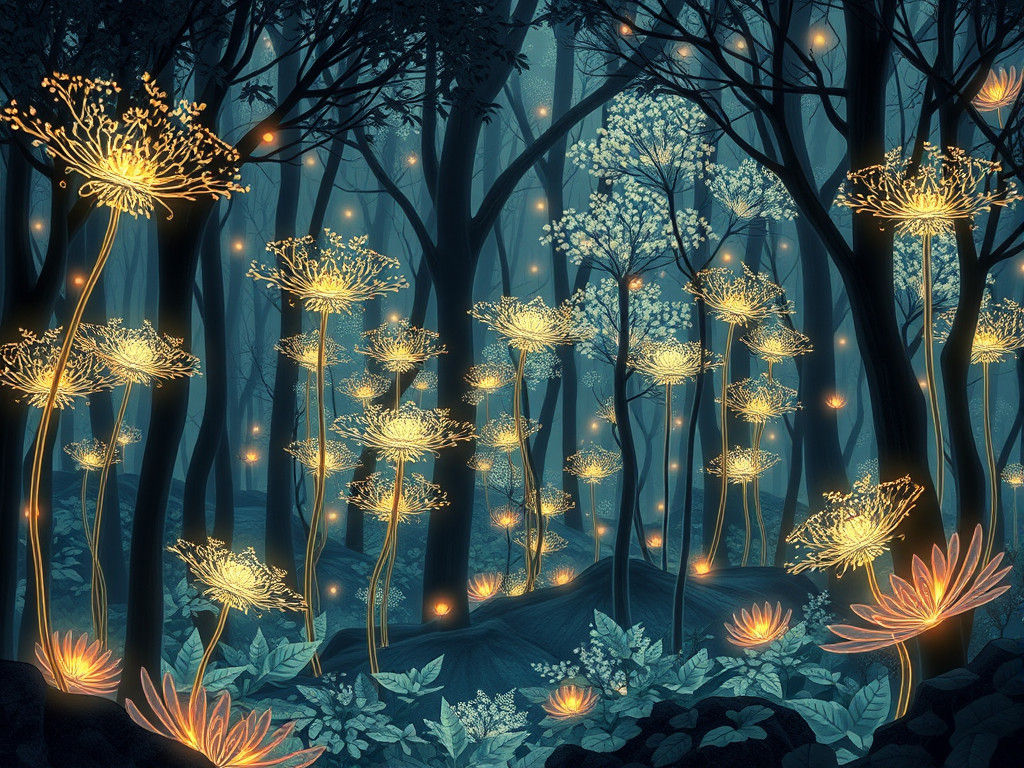 Luminous Forest of Translucent Plants with Fractal Design