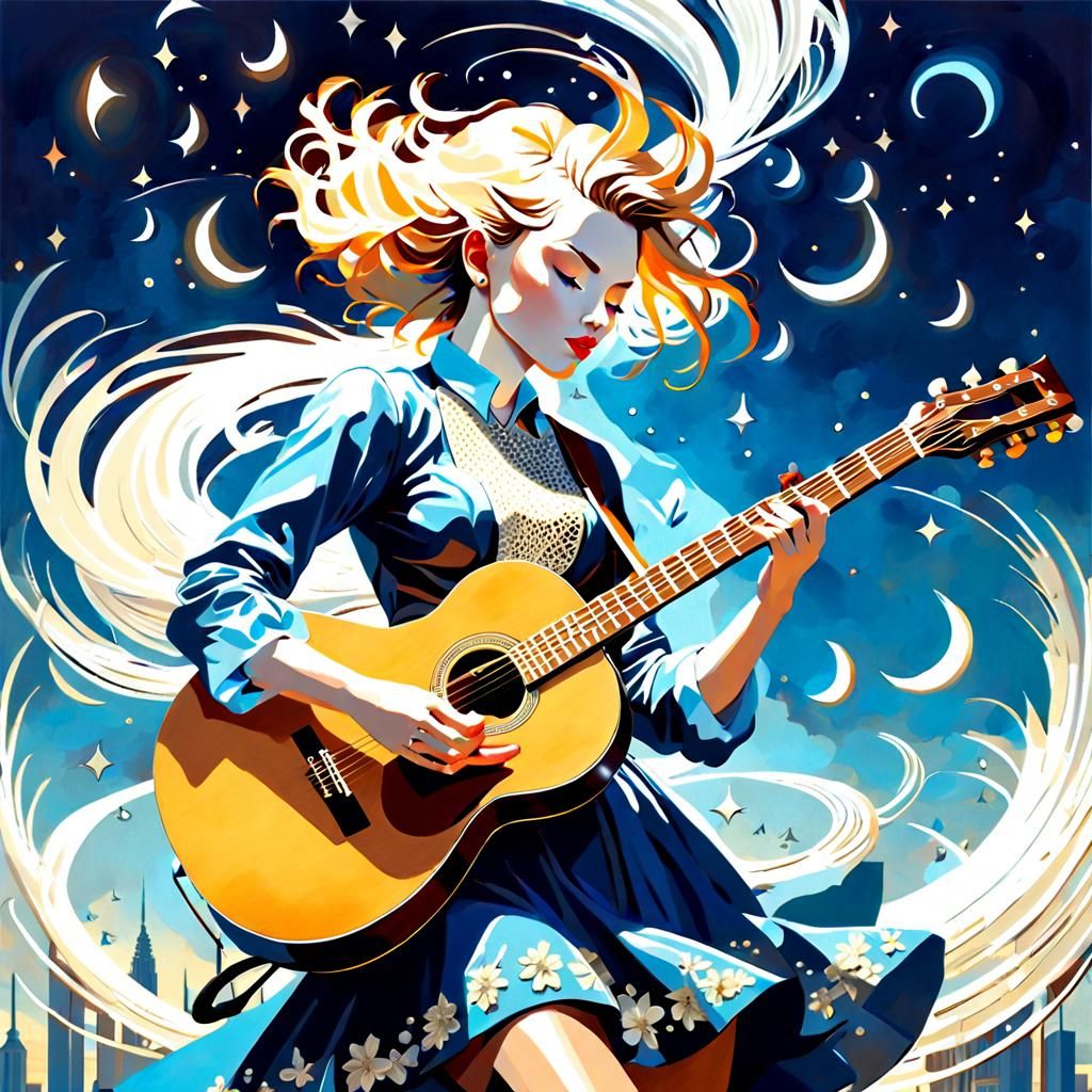 Girl Playing Guitar in Dreamcore Watercolor Style