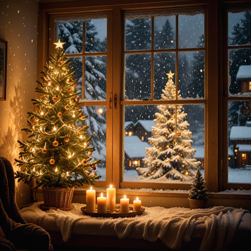 Cozy Christmas Living Room With Snowy Window View