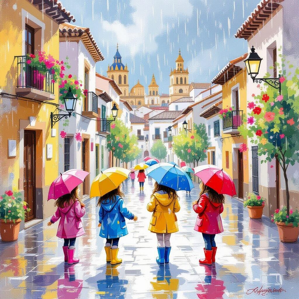 Children Play in Rainy Seville, Whimsical Style